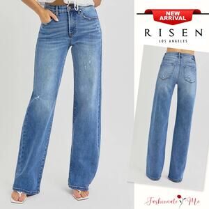 RISEN Cat's Whisker Tummy Control Elastic Band High Rise Medium Wash Wide Jeans